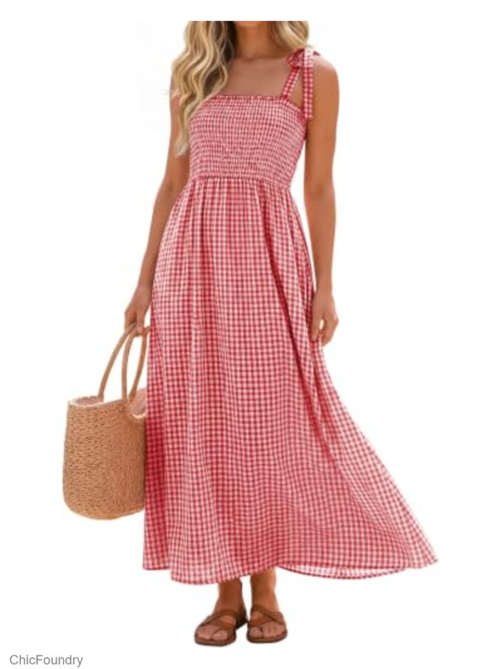 Plaid Maxi Dress Cotton Blend A-Line Smocked Sleeveless Beach Casual